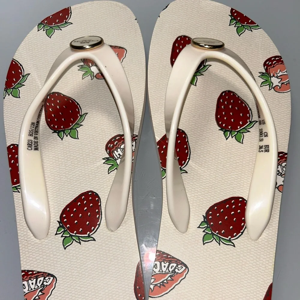 Coach White Strawberry Print Flip Flops